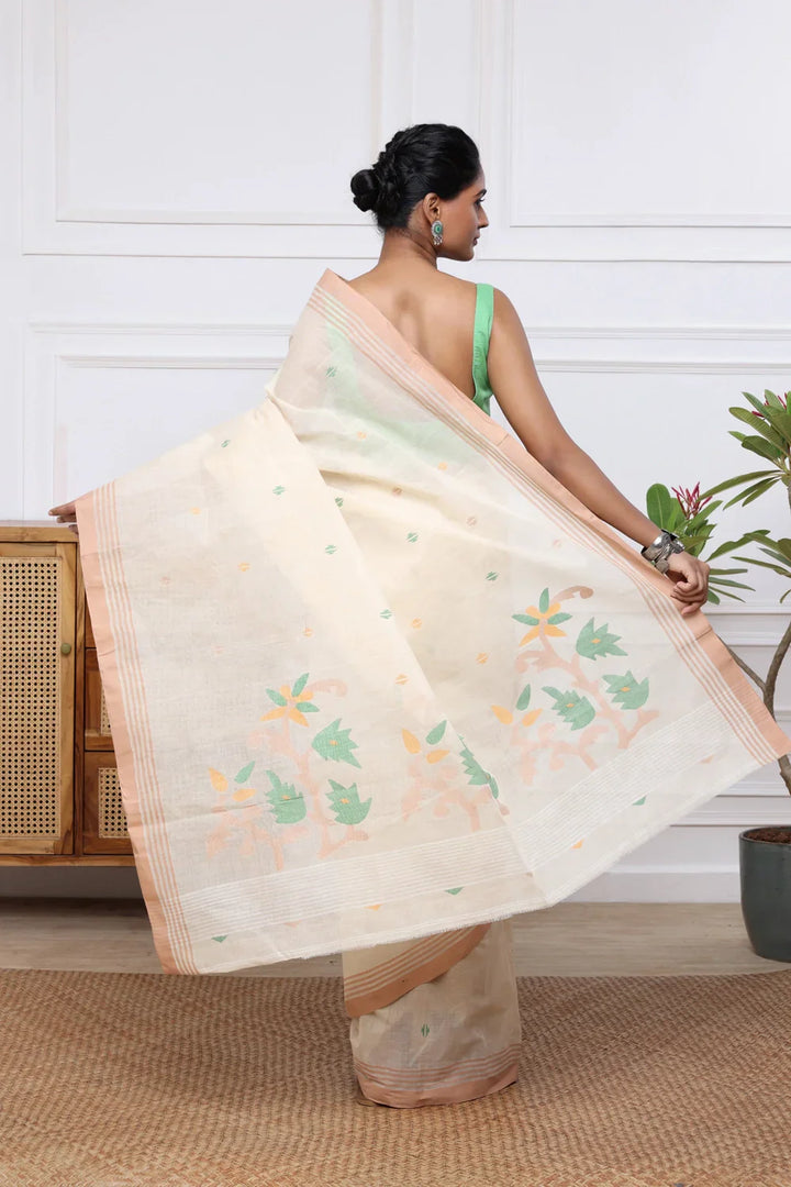 Handloom Beige Pure Cotton Jamdani Saree with Multi Colour Floral Motifs | SHOBITAM
