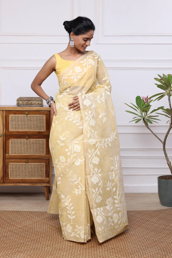 Handloom Banana Yellow Pure Cotton Multi Colour Floral Jamdani Saree | SHOBITAM
