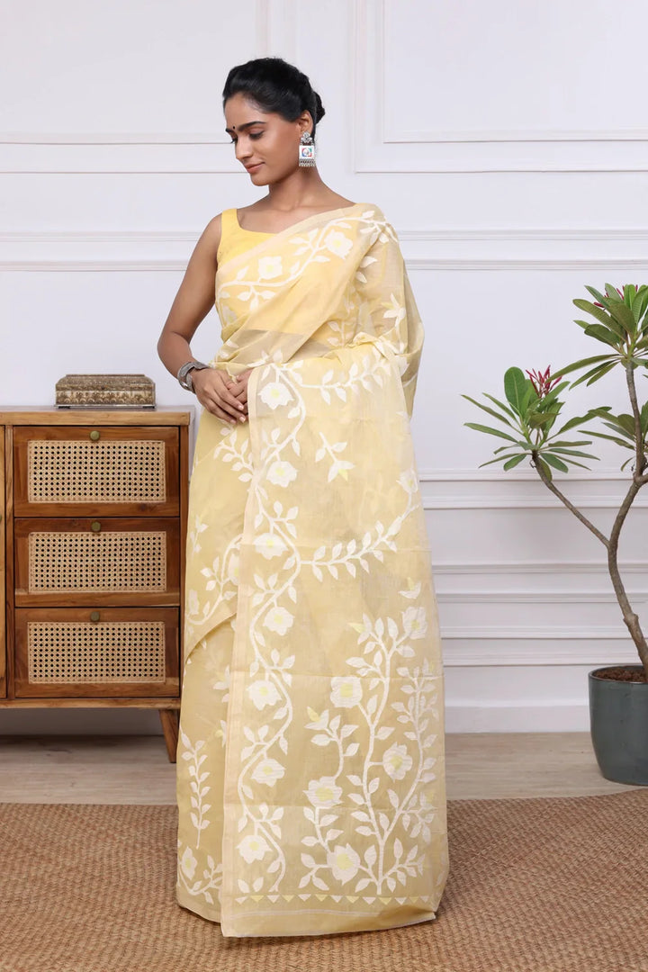 Handloom Banana Yellow Pure Cotton Multi Colour Floral Jamdani Saree | SHOBITAM