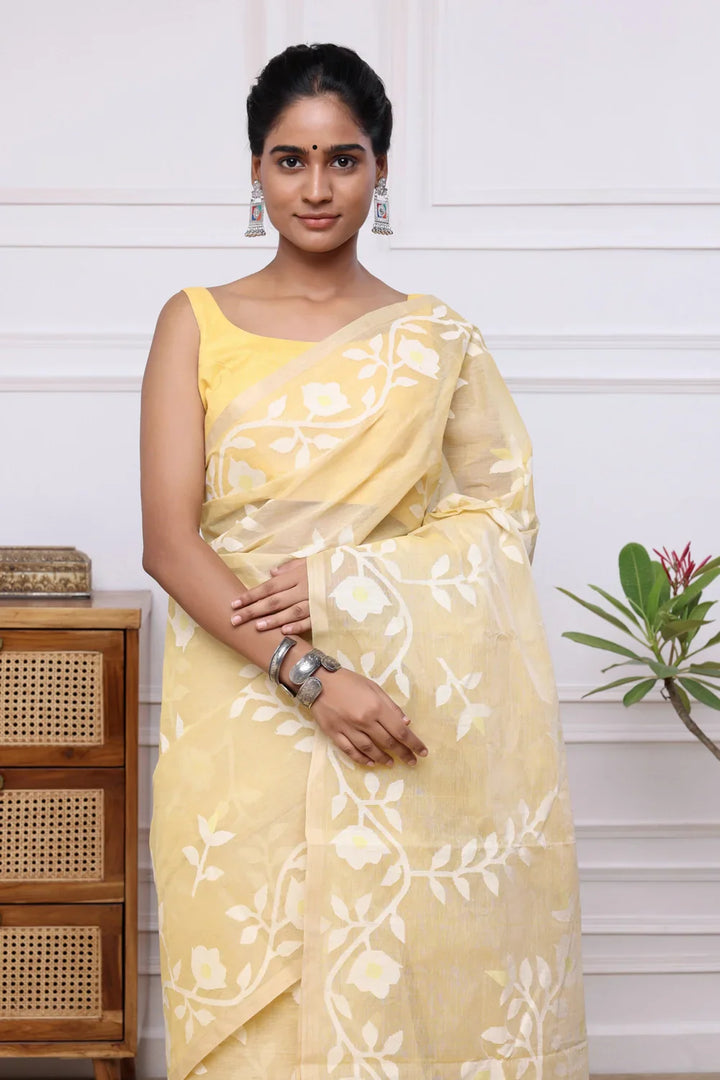 Handloom Banana Yellow Pure Cotton Multi Colour Floral Jamdani Saree | SHOBITAM