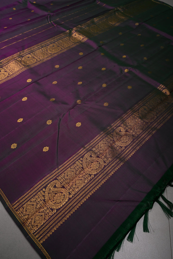 Green-Purple Dual tone Kanjivaram Pure Silk Saree with Zari Buttis and Distinct Twin Parrot Motifs on Border | SILK MARK CERTIFIED