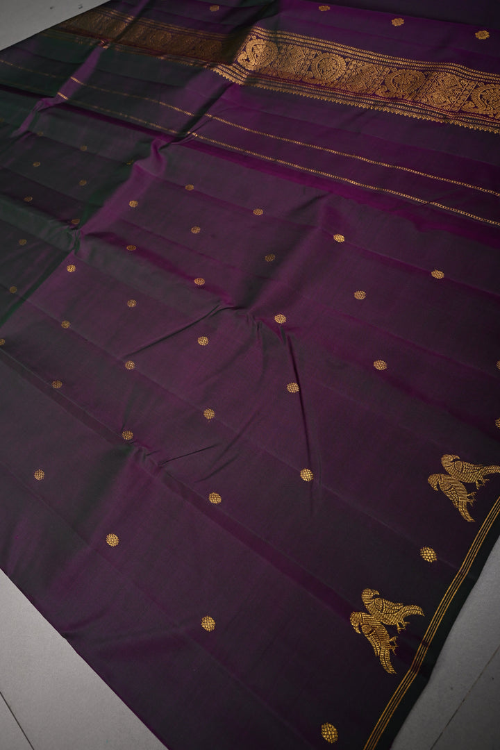 Green-Purple Dual tone Kanjivaram Pure Silk Saree with Zari Buttis and Distinct Twin Parrot Motifs on Border | SILK MARK CERTIFIED