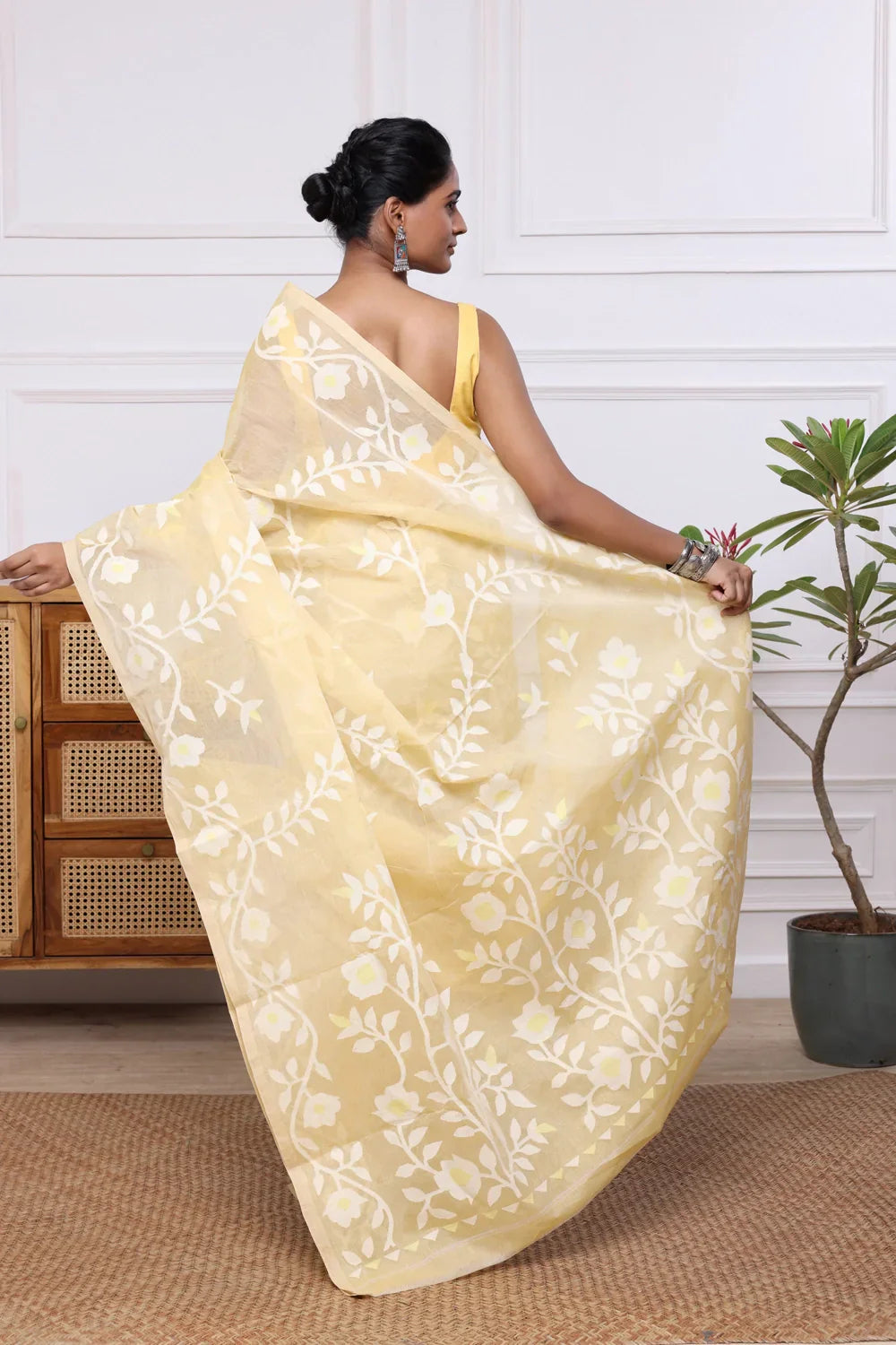 Handloom Banana Yellow Pure Cotton Multi Colour Floral Jamdani Saree | SHOBITAM