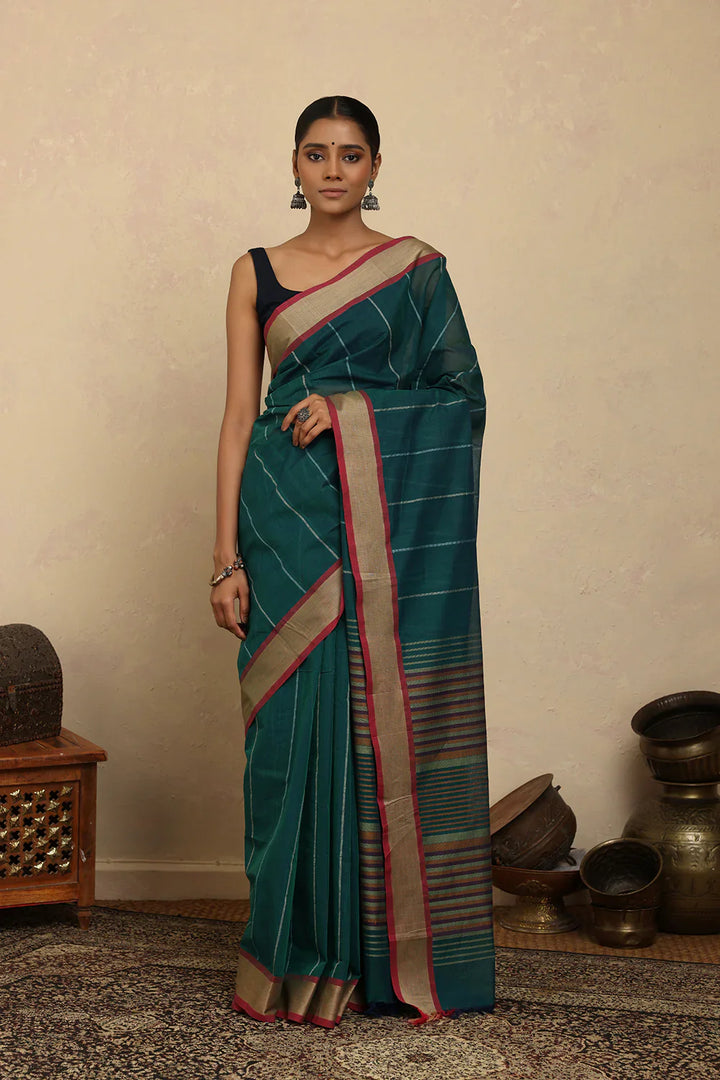 Handloom Sea Green Stripes Kanchi Cotton Saree | SHOBITAM