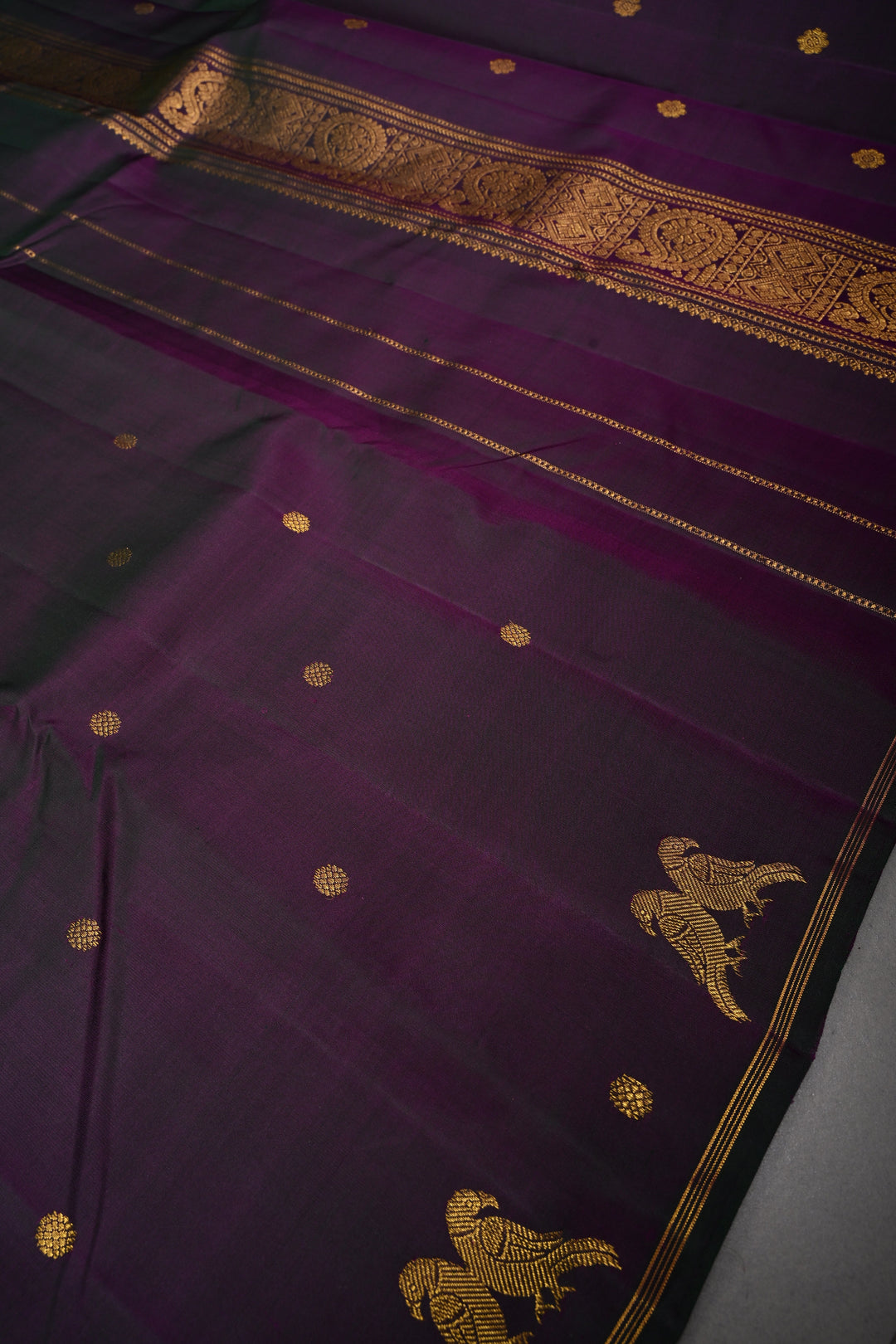 Green-Purple Dual tone Kanjivaram Pure Silk Saree with Zari Buttis and Distinct Twin Parrot Motifs on Border | SILK MARK CERTIFIED
