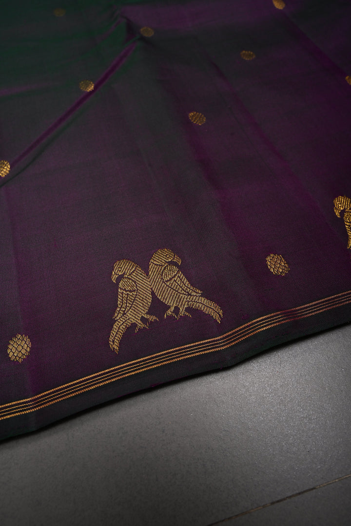 Green-Purple Dual tone Kanjivaram Pure Silk Saree with Zari Buttis and Distinct Twin Parrot Motifs on Border | SILK MARK CERTIFIED