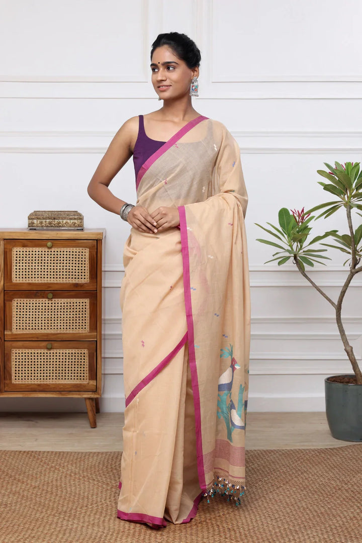 Handloom Tan Brown Soft Cotton Jamdani with Multi Colour Bird Motifs | SHOBITAM