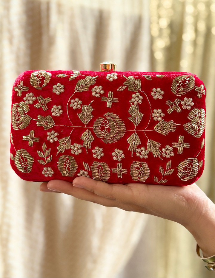 ROYALE Red Velvet Embroidered Handbag