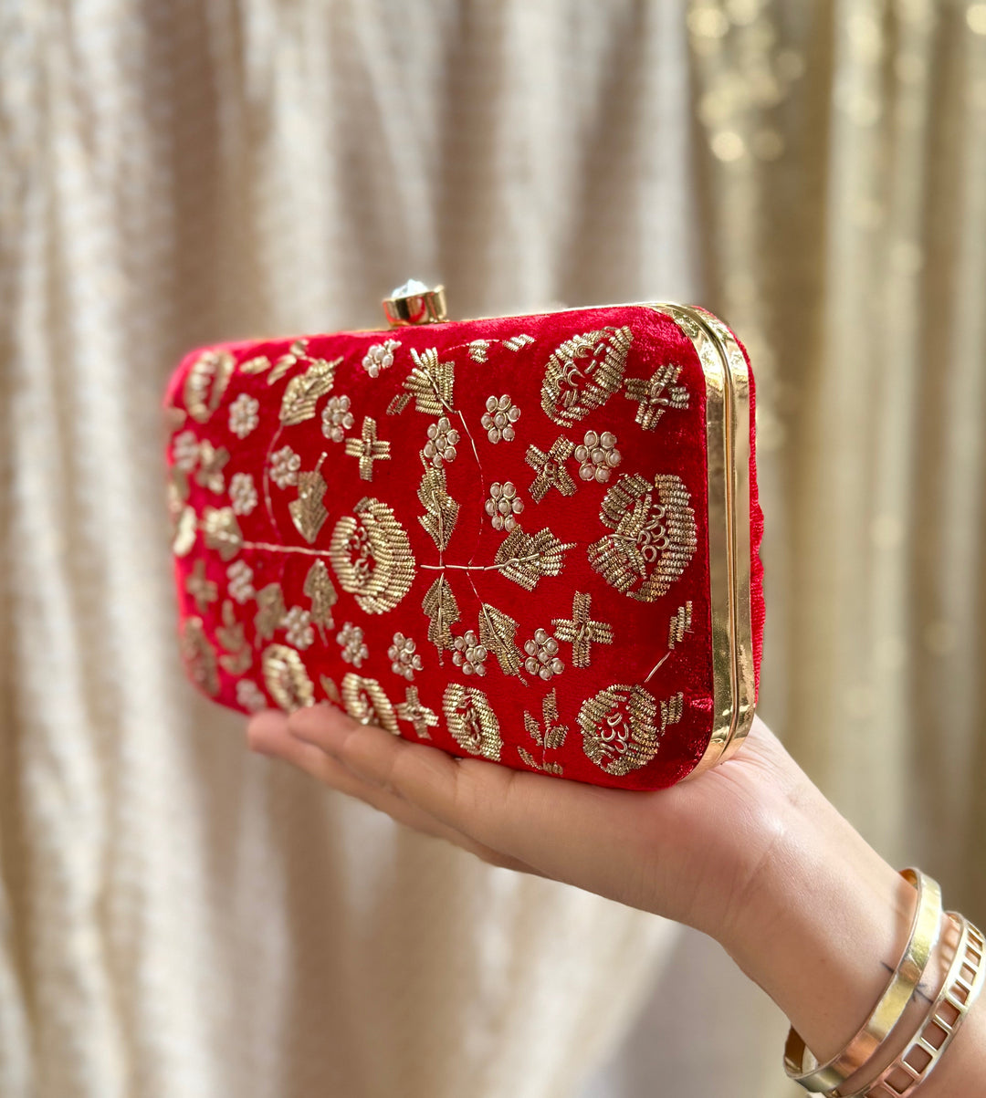ROYALE Red Velvet Embroidered Handbag