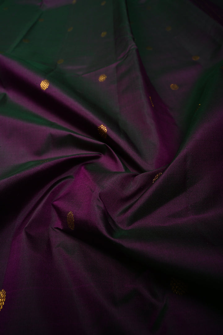 Green-Purple Dual tone Kanjivaram Pure Silk Saree with Zari Buttis and Distinct Twin Parrot Motifs on Border | SILK MARK CERTIFIED
