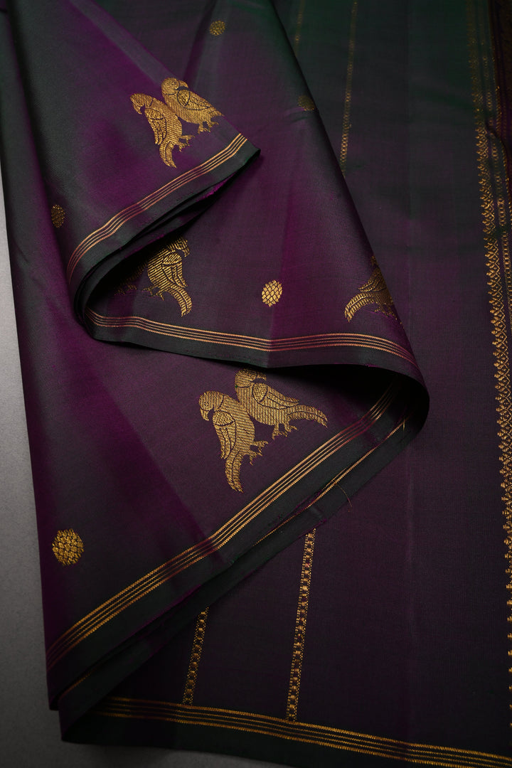 Green-Purple Dual tone Kanjivaram Pure Silk Saree with Zari Buttis and Distinct Twin Parrot Motifs on Border | SILK MARK CERTIFIED