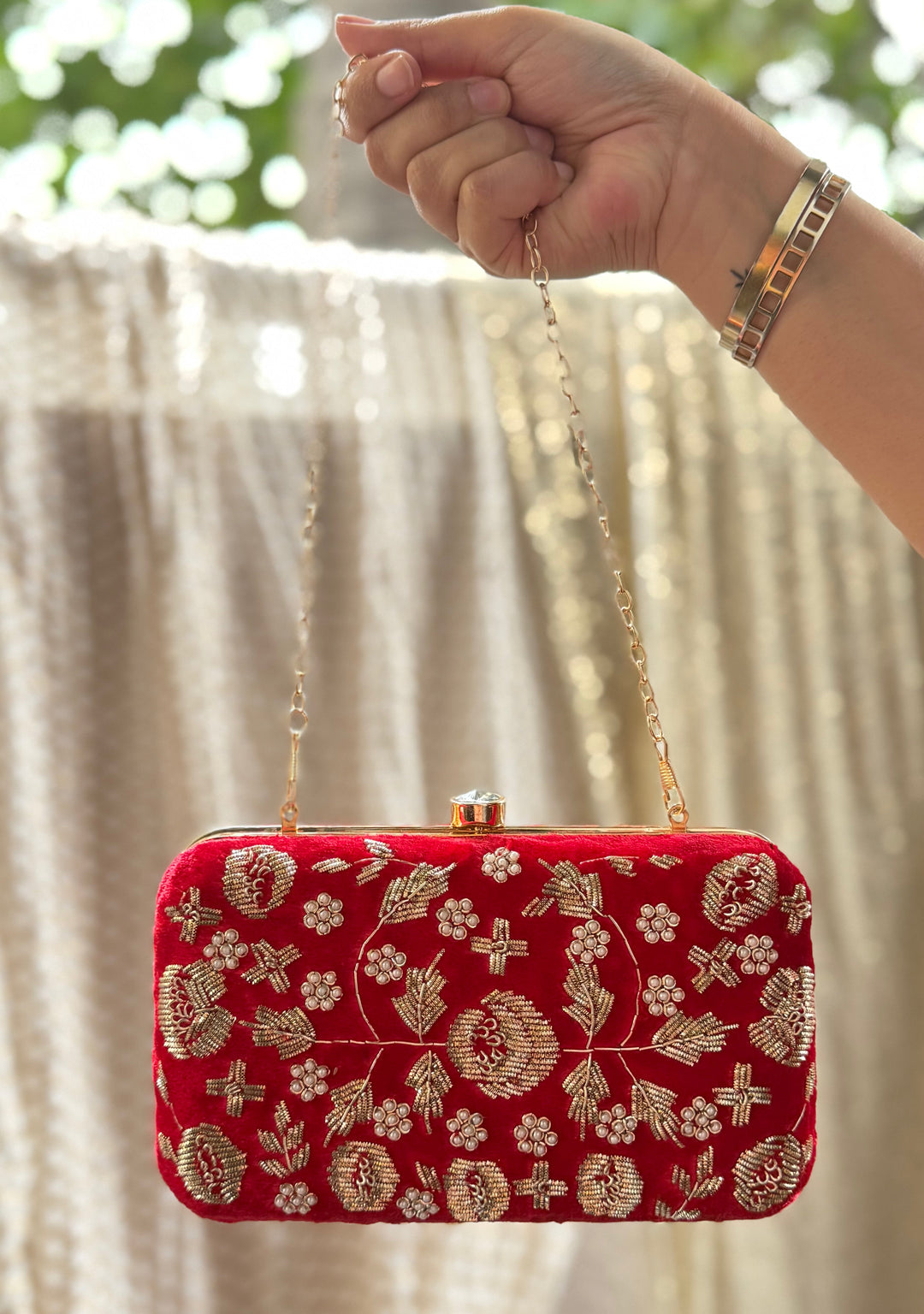 ROYALE Red Velvet Embroidered Handbag