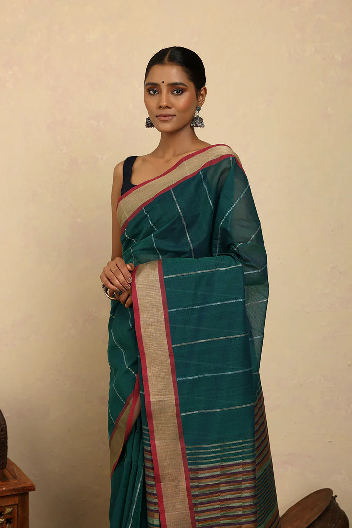 Handloom Sea Green Stripes Kanchi Cotton Saree | SHOBITAM