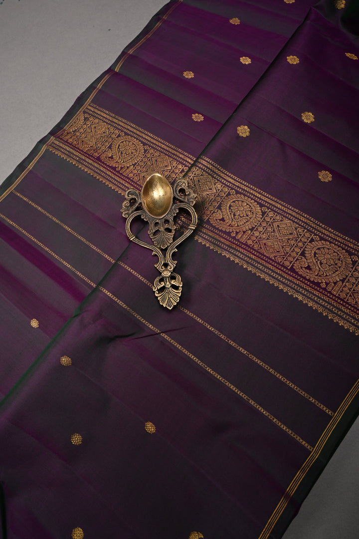 Green-Purple Dual tone Kanjivaram Pure Silk Saree with Zari Buttis and Distinct Twin Parrot Motifs on Border | SILK MARK CERTIFIED