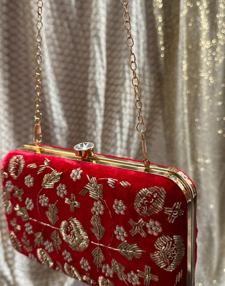 ROYALE Red Velvet Embroidered Handbag