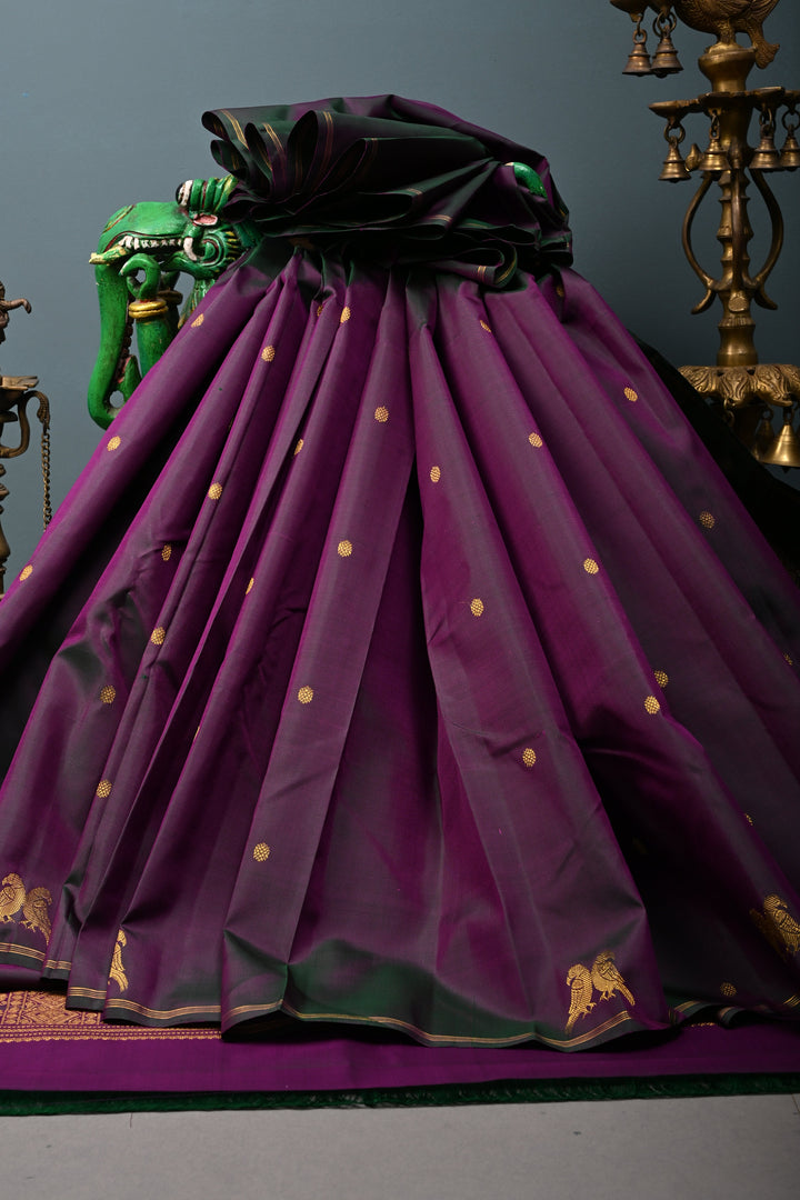 Green-Purple Dual tone Kanjivaram Pure Silk Saree with Zari Buttis and Distinct Twin Parrot Motifs on Border | SILK MARK CERTIFIED