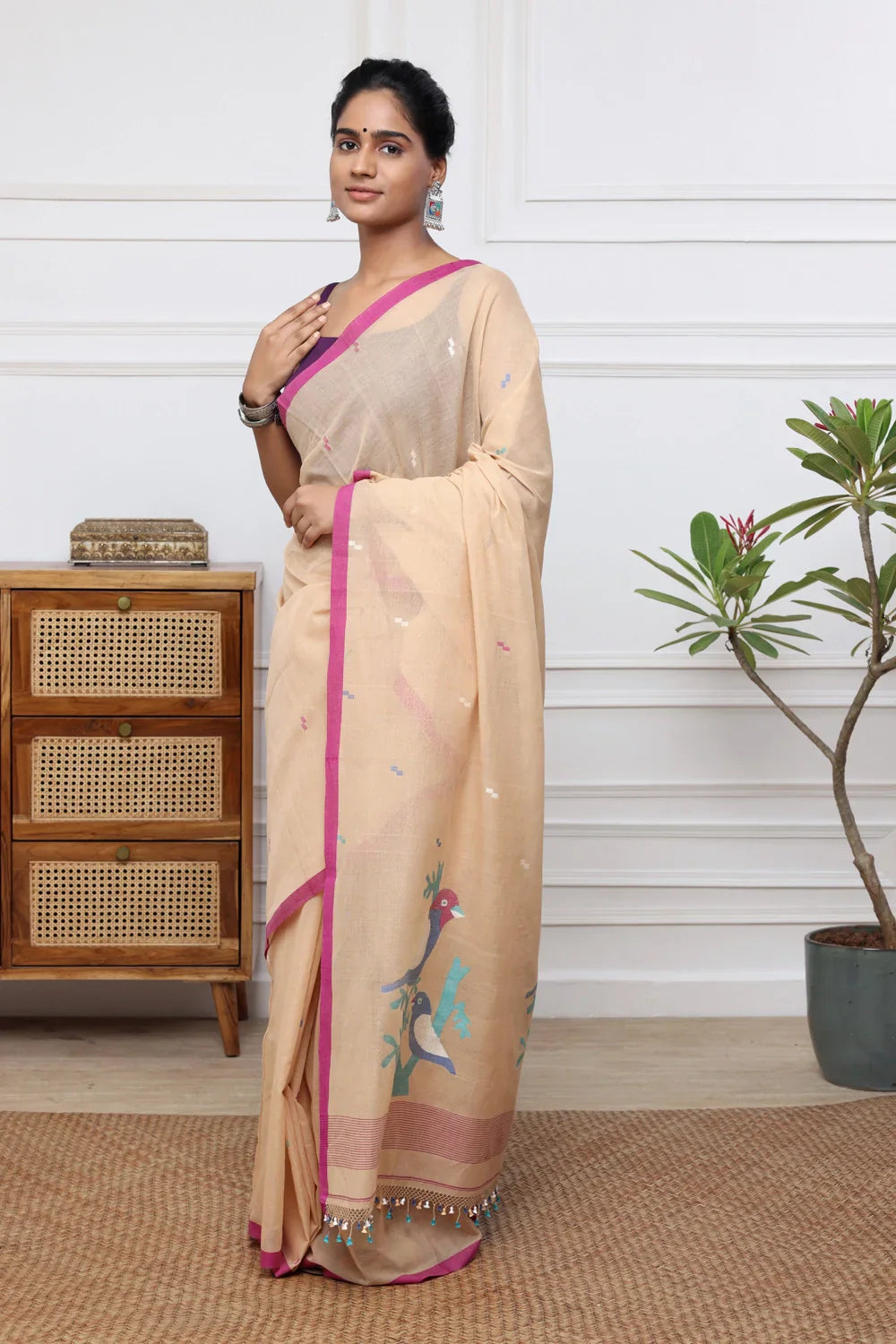 Handloom Tan Brown Soft Cotton Jamdani with Multi Colour Bird Motifs | SHOBITAM