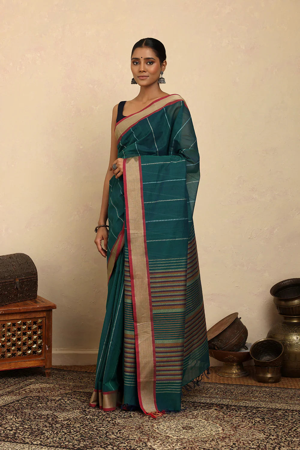 Handloom Sea Green Stripes Kanchi Cotton Saree | SHOBITAM
