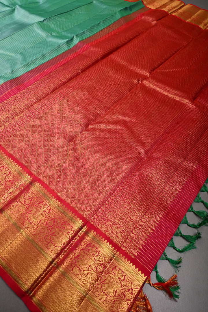 Sea Green Korvai Kanjivaram Pure Silk Saree with Podi-Kattam Zari Checks and Contrast Zari Border | SILK MARK CERTIFIED | SHOBITAM