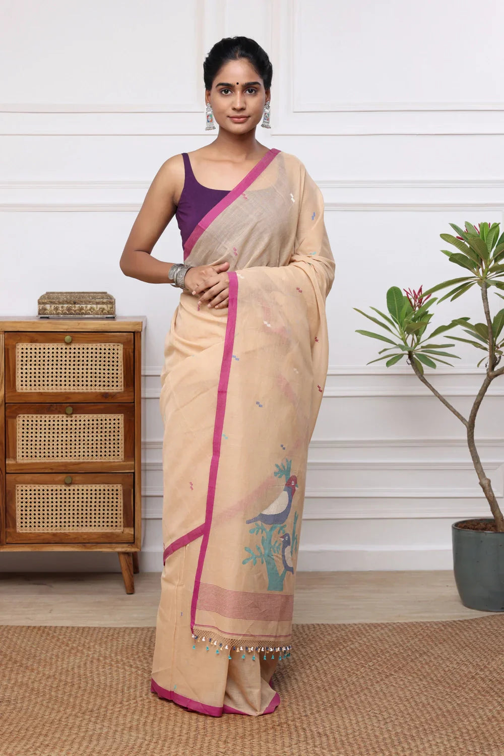 Handloom Tan Brown Soft Cotton Jamdani with Multi Colour Bird Motifs | SHOBITAM