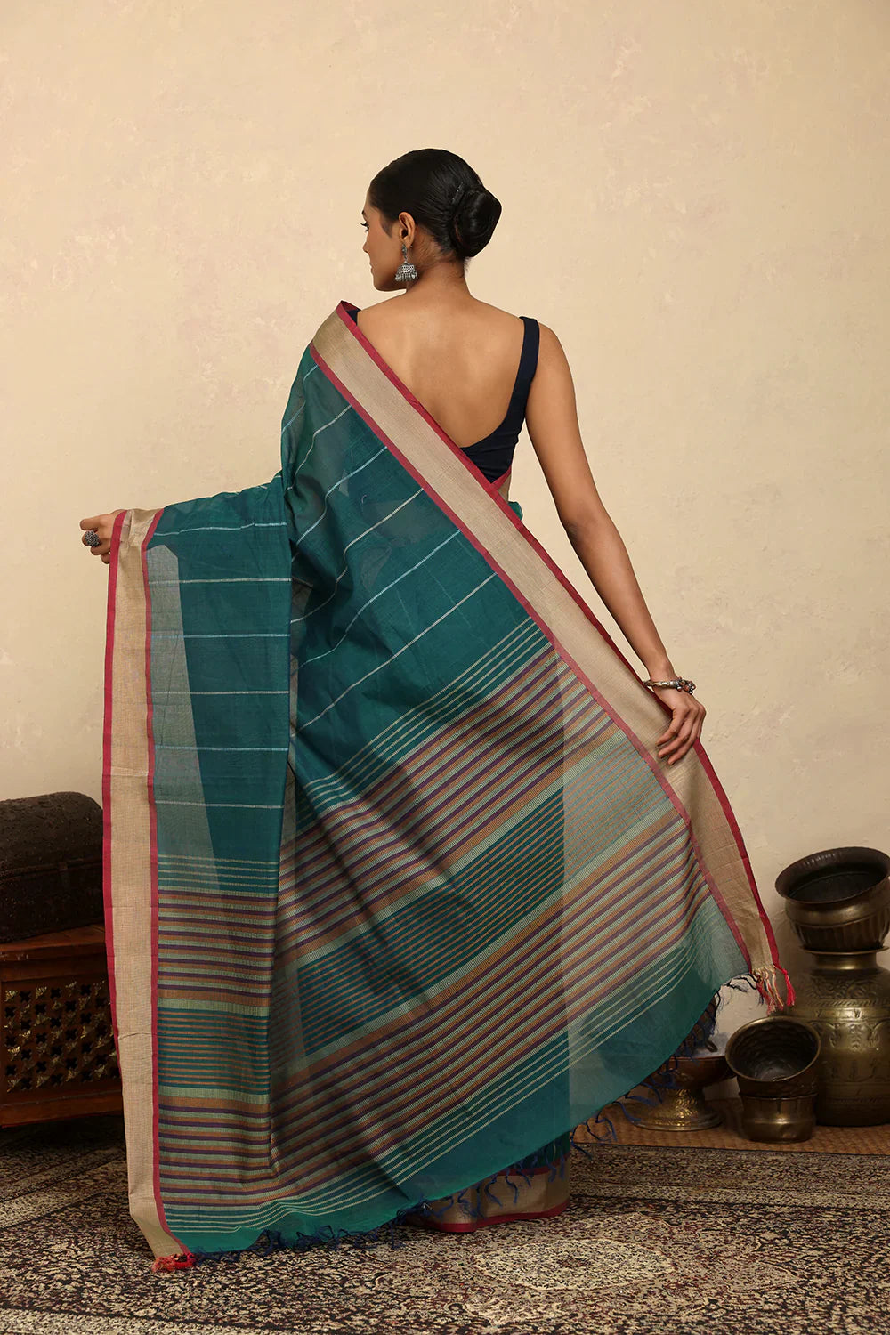 Handloom Sea Green Stripes Kanchi Cotton Saree | SHOBITAM
