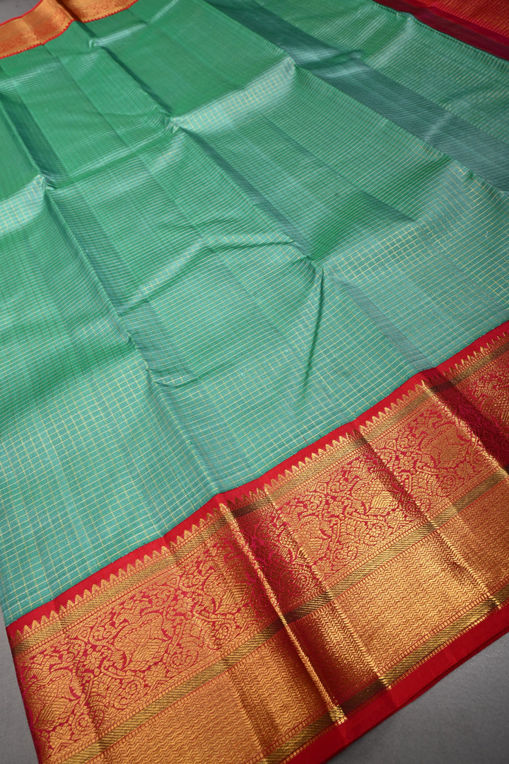 Sea Green Korvai Kanjivaram Pure Silk Saree with Podi-Kattam Zari Checks and Contrast Zari Border | SILK MARK CERTIFIED | SHOBITAM