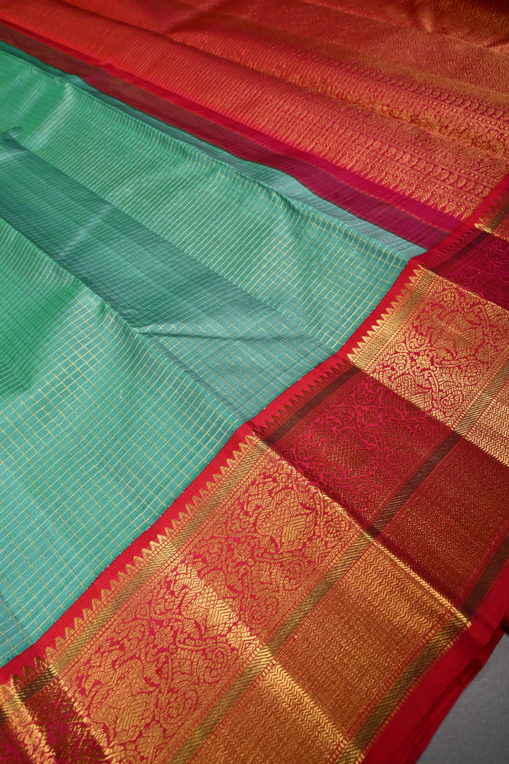 Sea Green Korvai Kanjivaram Pure Silk Saree with Podi-Kattam Zari Checks and Contrast Zari Border | SILK MARK CERTIFIED | SHOBITAM