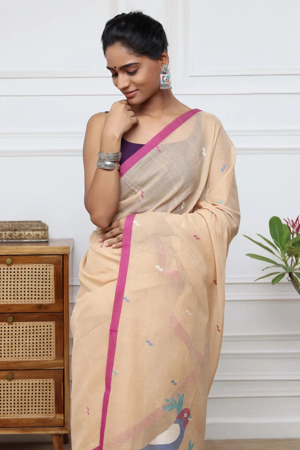 Handloom Tan Brown Soft Cotton Jamdani with Multi Colour Bird Motifs | SHOBITAM
