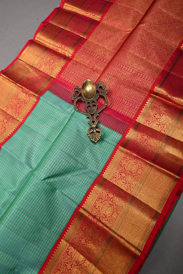 Sea Green Korvai Kanjivaram Pure Silk Saree with Podi-Kattam Zari Checks and Contrast Zari Border | SILK MARK CERTIFIED | SHOBITAM