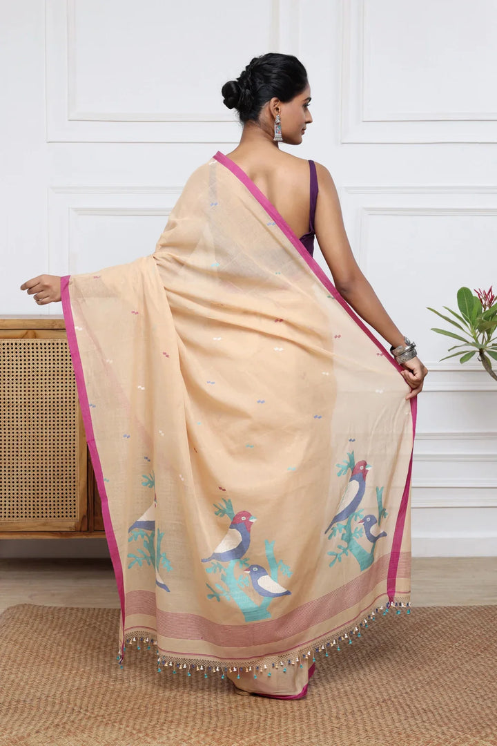 Handloom Tan Brown Soft Cotton Jamdani with Multi Colour Bird Motifs | SHOBITAM