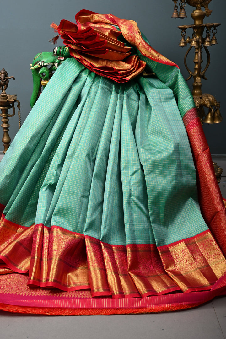 Sea Green Korvai Kanjivaram Pure Silk Saree with Podi-Kattam Zari Checks and Contrast Zari Border | SILK MARK CERTIFIED | SHOBITAM