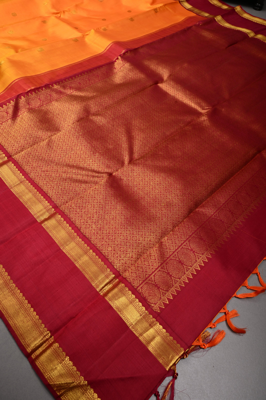 Mustard Yellow Korvai Kanjivaram Pure Silk Saree with Zari butta and Rettaipet contrast Zari Border| SILK MARK CERTIFIED | SHOBITAM