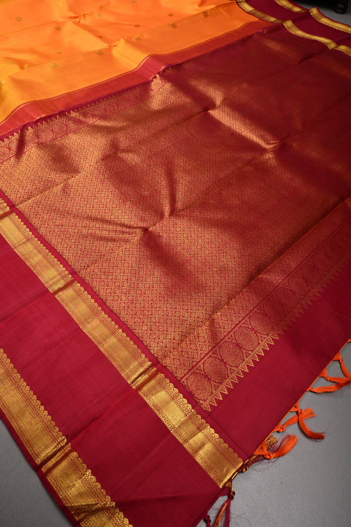 Mustard Yellow Korvai Kanjivaram Pure Silk Saree with Zari butta and Rettaipet contrast Zari Border| SILK MARK CERTIFIED | SHOBITAM