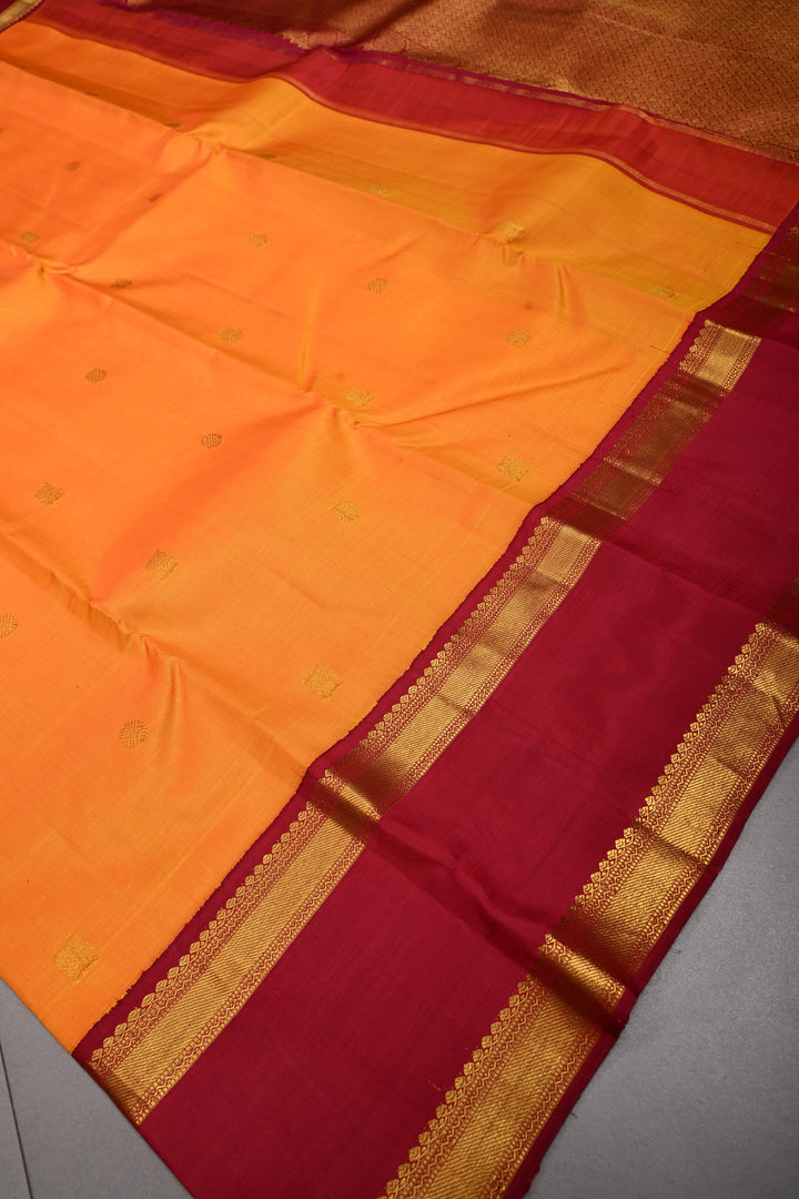 Mustard Yellow Korvai Kanjivaram Pure Silk Saree with Zari butta and Rettaipet contrast Zari Border| SILK MARK CERTIFIED | SHOBITAM