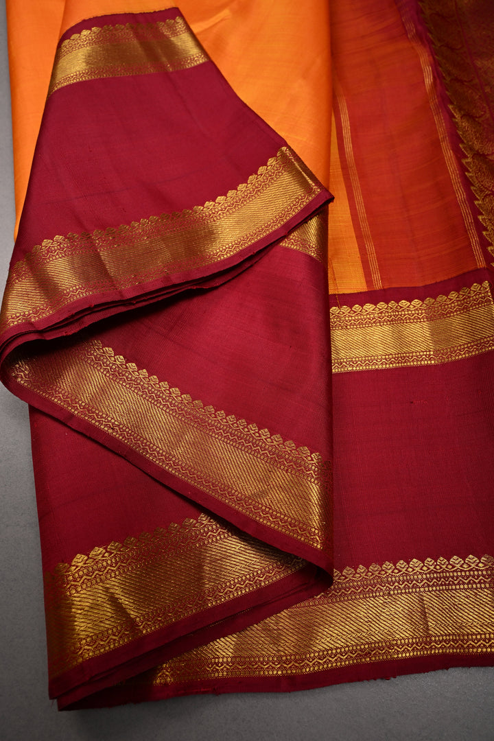 Mustard Yellow Korvai Kanjivaram Pure Silk Saree with Zari butta and Rettaipet contrast Zari Border| SILK MARK CERTIFIED | SHOBITAM