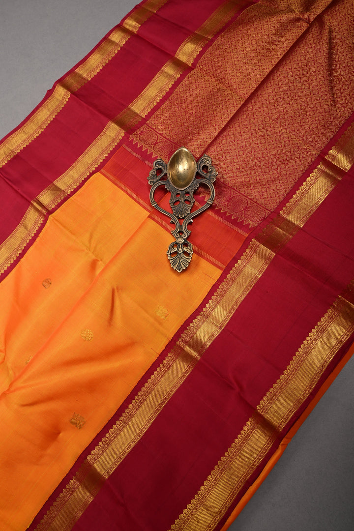 Mustard Yellow Korvai Kanjivaram Pure Silk Saree with Zari butta and Rettaipet contrast Zari Border| SILK MARK CERTIFIED | SHOBITAM