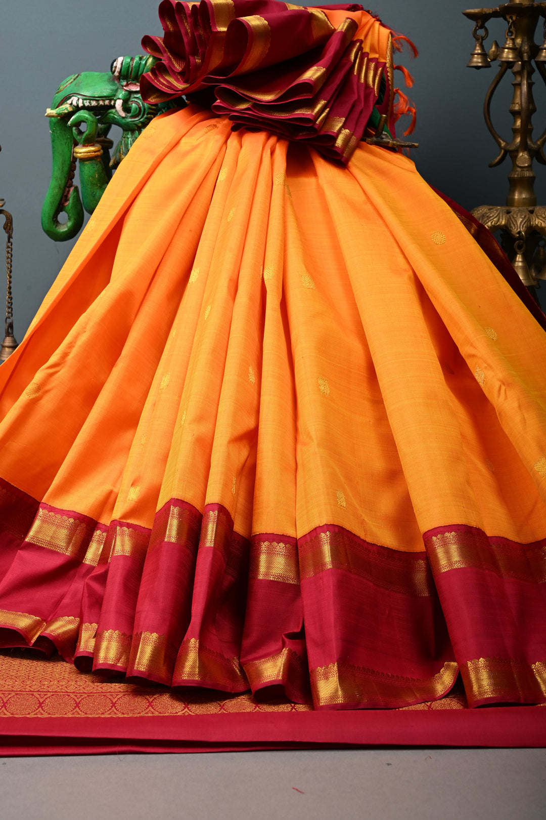 Mustard Yellow Korvai Kanjivaram Pure Silk Saree with Zari butta and Rettaipet contrast Zari Border| SILK MARK CERTIFIED | SHOBITAM