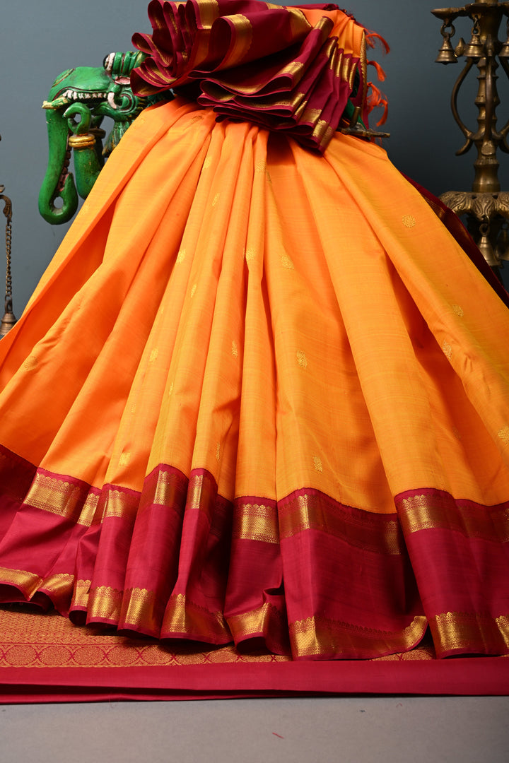 Mustard Yellow Korvai Kanjivaram Pure Silk Saree with Zari butta and Rettaipet contrast Zari Border| SILK MARK CERTIFIED | SHOBITAM
