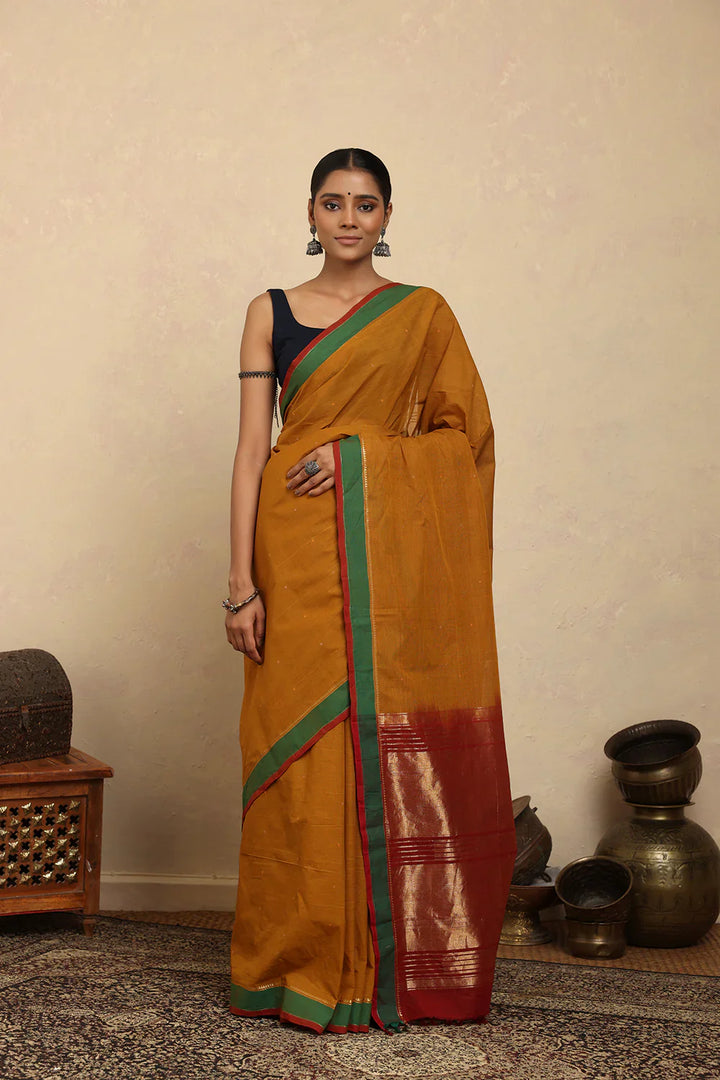Handloom Mustard Zari Kanchi Cotton Saree | SHOBITAM