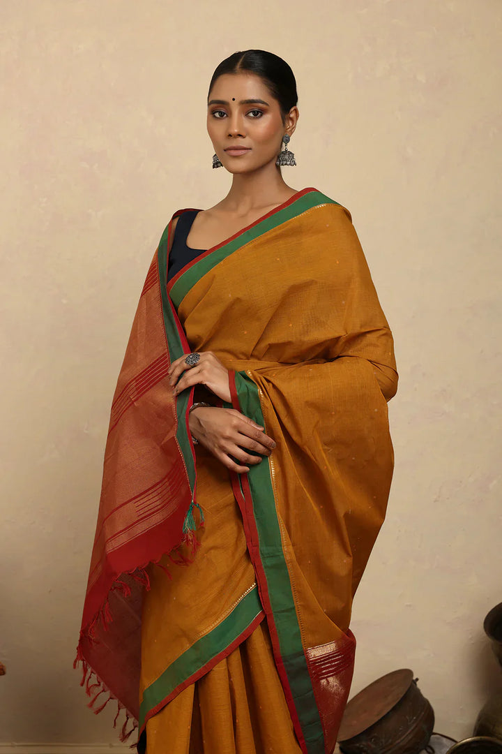 Handloom Mustard Zari Kanchi Cotton Saree | SHOBITAM