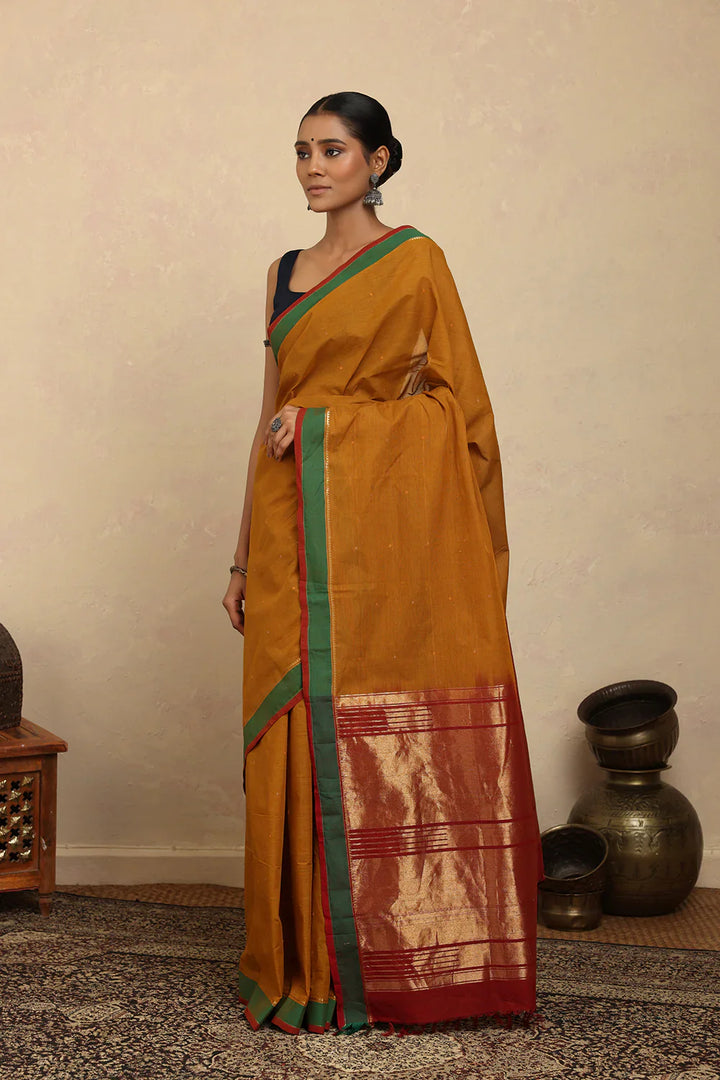 Handloom Mustard Zari Kanchi Cotton Saree | SHOBITAM