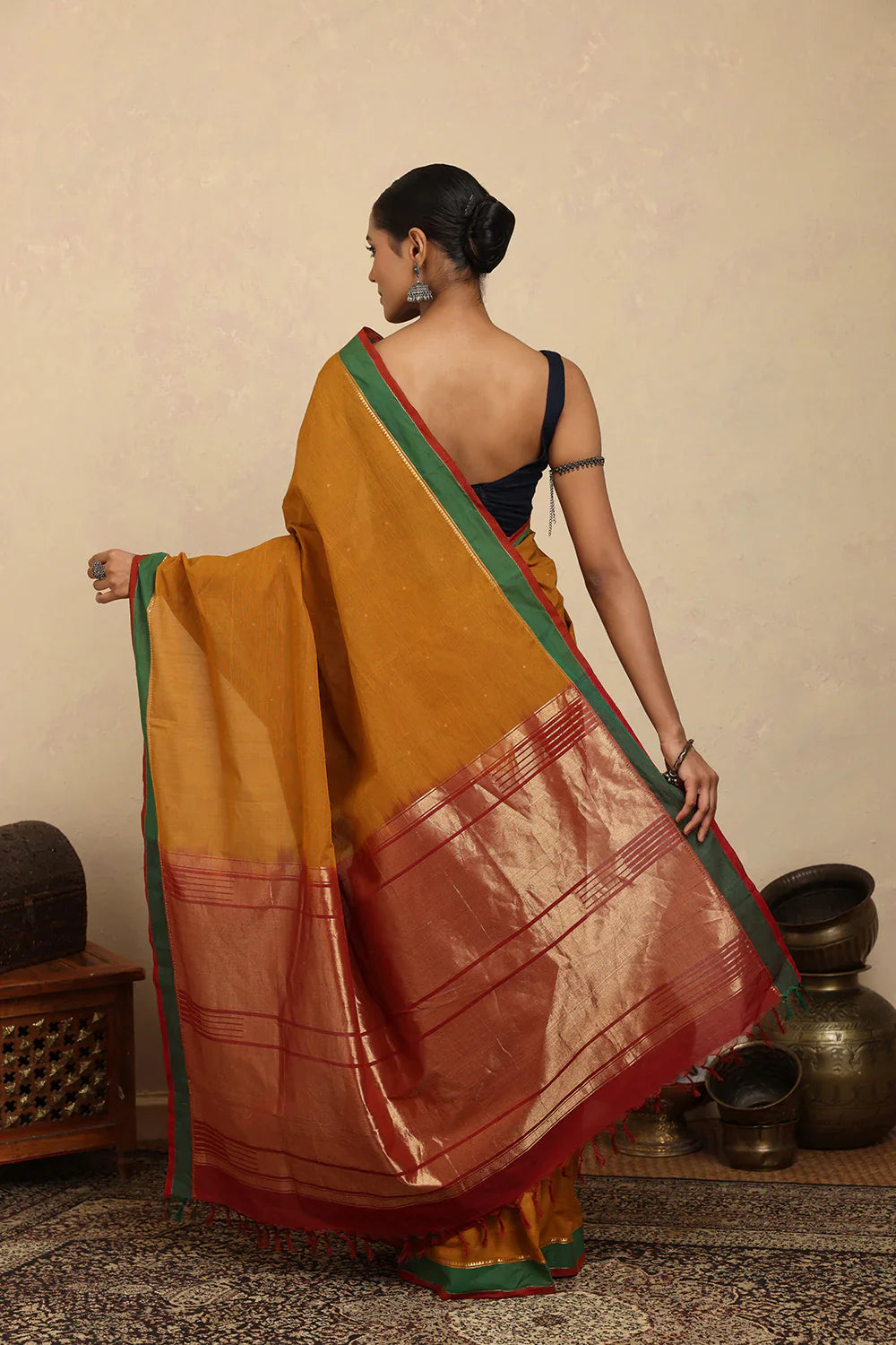 Handloom Mustard Zari Kanchi Cotton Saree | SHOBITAM