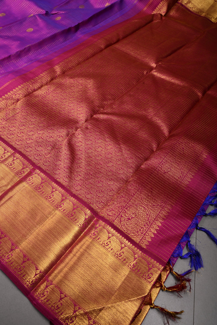 Purple Dual Tone Podi-Kattam Zari Checks on Kanjivaram Pure Silk Saree with Zari Buttas and Zari Border | SILK MARK CERTIFIED | SHOBITAM