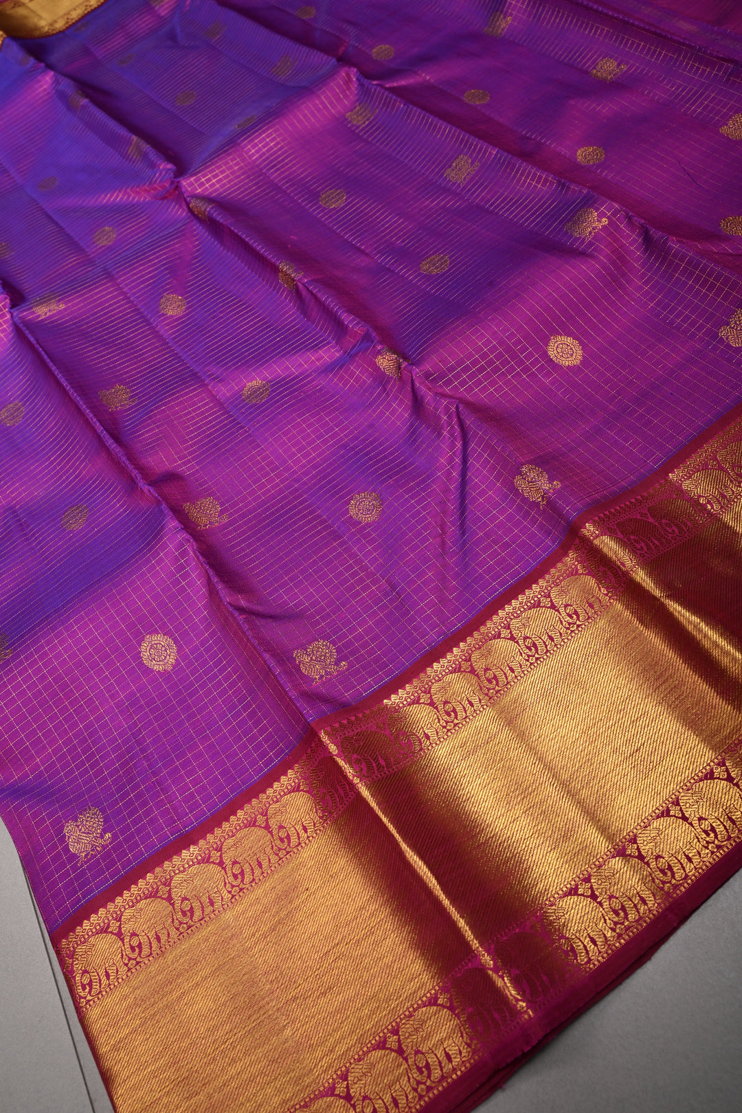 Purple Dual Tone Podi-Kattam Zari Checks on Kanjivaram Pure Silk Saree with Zari Buttas and Zari Border | SILK MARK CERTIFIED | SHOBITAM