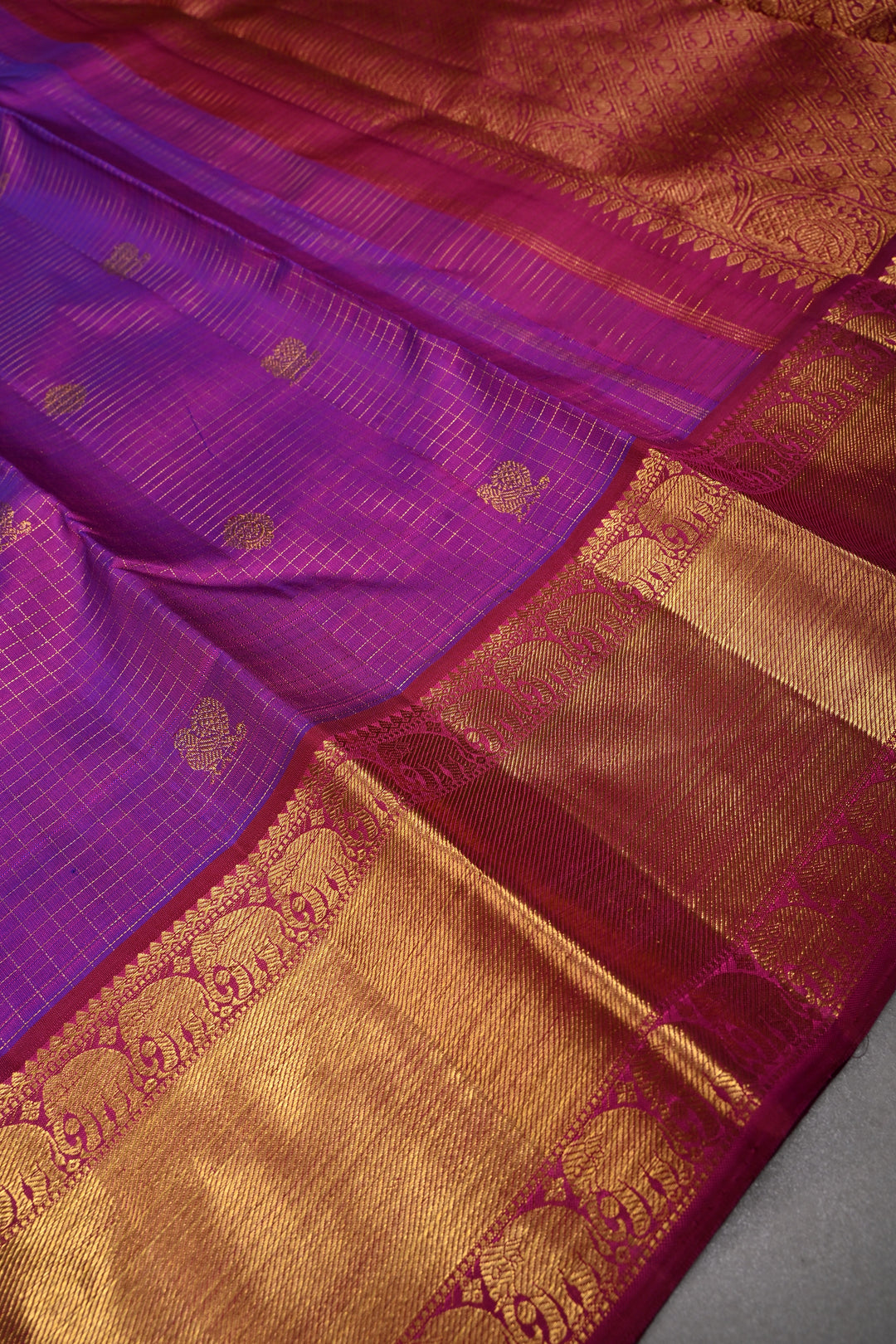 Purple Dual Tone Podi-Kattam Zari Checks on Kanjivaram Pure Silk Saree with Zari Buttas and Zari Border | SILK MARK CERTIFIED | SHOBITAM