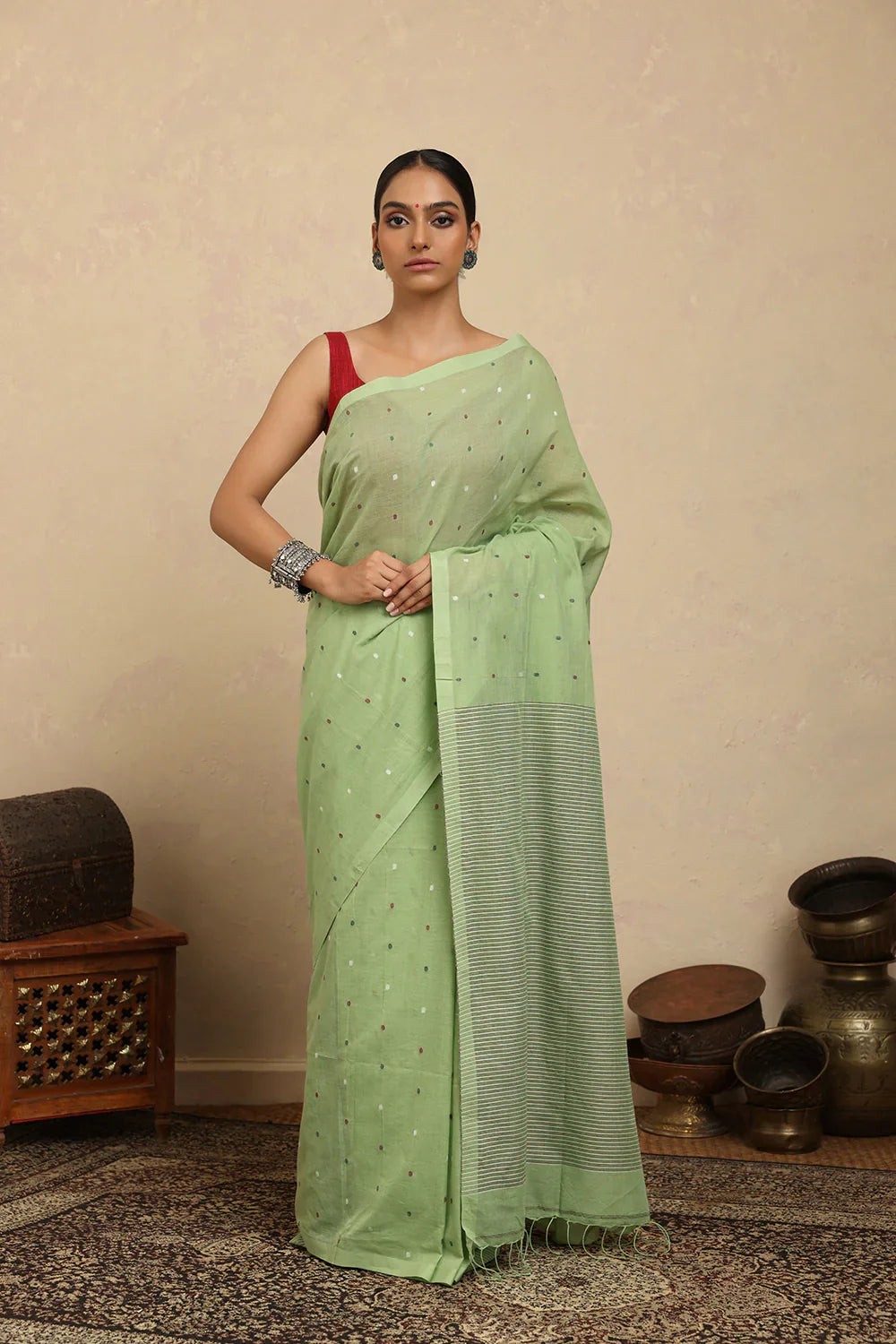 Handloom Green Polka Pure Cotton Jamdani Saree | SHOBITAM