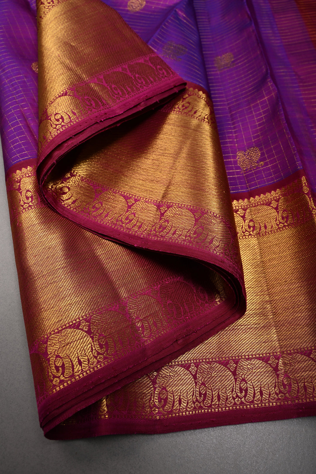 Purple Dual Tone Podi-Kattam Zari Checks on Kanjivaram Pure Silk Saree with Zari Buttas and Zari Border | SILK MARK CERTIFIED | SHOBITAM