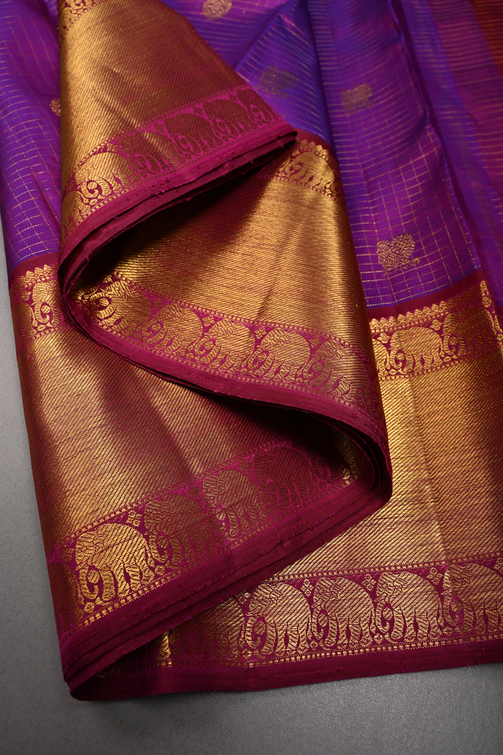 Purple Dual Tone Podi-Kattam Zari Checks on Kanjivaram Pure Silk Saree with Zari Buttas and Zari Border | SILK MARK CERTIFIED | SHOBITAM