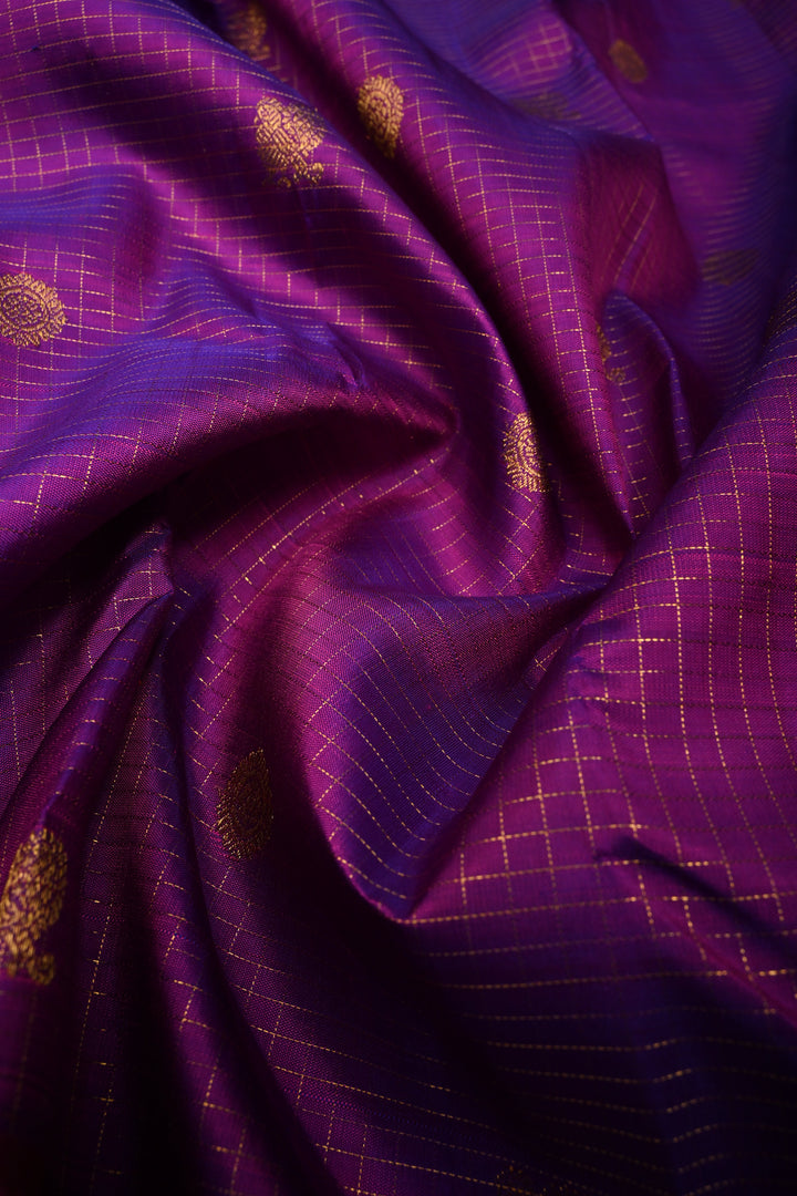 Purple Dual Tone Podi-Kattam Zari Checks on Kanjivaram Pure Silk Saree with Zari Buttas and Zari Border | SILK MARK CERTIFIED | SHOBITAM