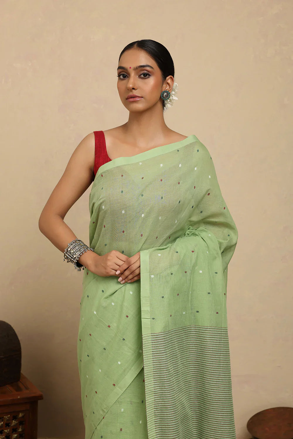 Handloom Green Polka Pure Cotton Jamdani Saree | SHOBITAM